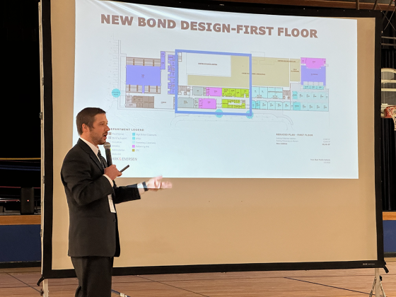 Twin River Superintendent Jason Schapmann presents the district's new building project proposal at a February meeting. NCJ file photo by Rick Holtz