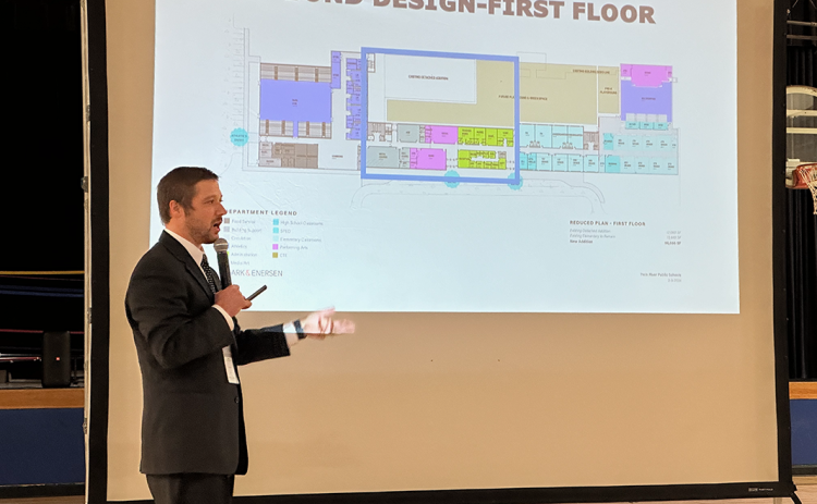 Twin River Superintendent Jason Schapmann presents the district's new building project proposal at a February meeting. NCJ file photo by Rick Holtz